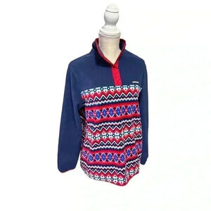 LANDS’ END UNISEX PULLOVER FLEECE SNAP NECK JACKET•SIZE MED MULTI COLORED